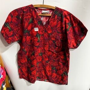 #3569-Smart Scrubs Red Floral V-Neck Scrub Top